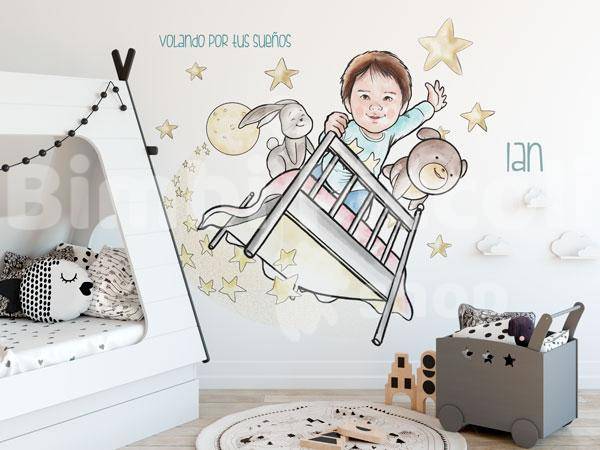 Mural infantil personalizable Bimbi Piccoli Shop cama voladora