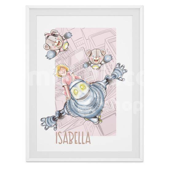 Lámina infantil niños volando con Robots